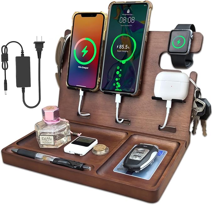 Wood Phone Docking Station Nightstand Organizer Charging Station with QC 3.0 & PD22.5W USB C Charger Fast Charging for iPhone Samsung Android Watch Airpod Anniversary Birthday Gifts for Men