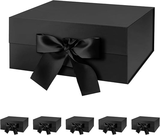 JINMING 6 Gift Boxes with Ribbon 9x6.5x3.8 Inches, Black Boxes for Gifts, Groomsmen Proposal Boxes for Mother's Day, Father's Day, Collapsible with Magnetic Closure