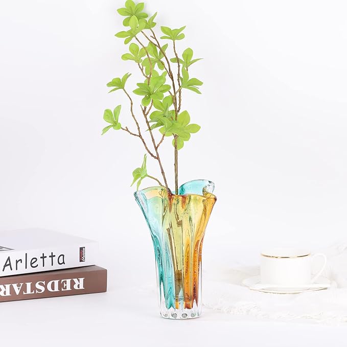 Hand Blown Wide Mouth Petal Glass vase, Colorful Modern Glass Art Home Decoration vase for Family Living Room, Wedding Venue, Dining Table Centerpiece, entryway Tabletop