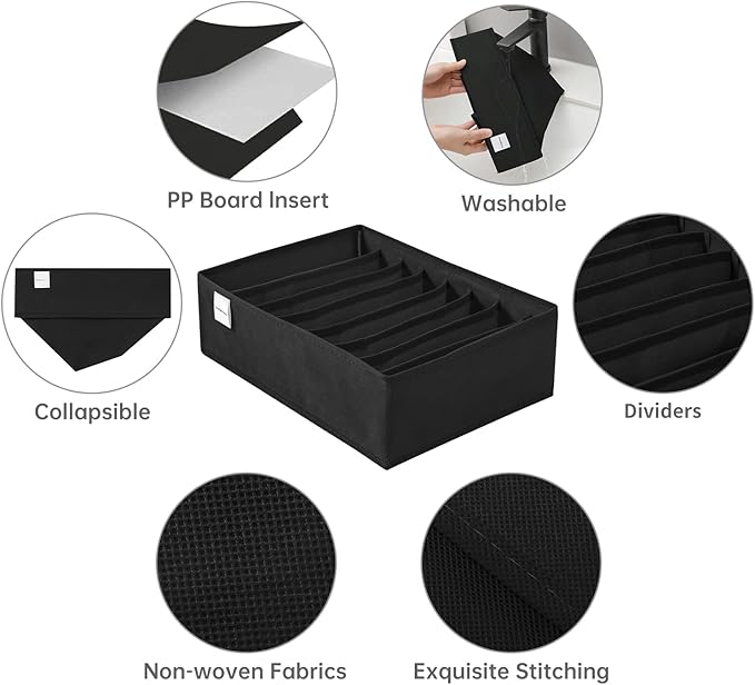 4 Packs T-shirt Drawer Organizers for Clothing,8 Grids Compartment Wardrobe Storage Box, Washable Clothes Organizer for Folded Clothes, Legging, Silk Scarve-Black