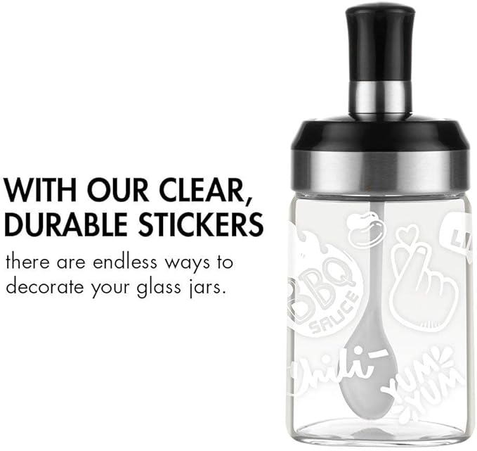BOILING POINT Sauce Jar Sugar Container Glass Jar Combination Spoon with Lid Canisters Storing Seasoning Spices Salt Sugar for Kitchen Counter Food Storage with Decorative Sticker 9.7oz / 280ml