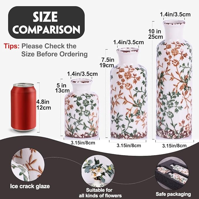Ceramic Vase Set - 3 Ceramic Small Vases, Farmhouse Country Flower Vase Home Decor, Living Room Decoration, Table Decoration, Fireplace Decor, and Entrance Decorations Centerpiece