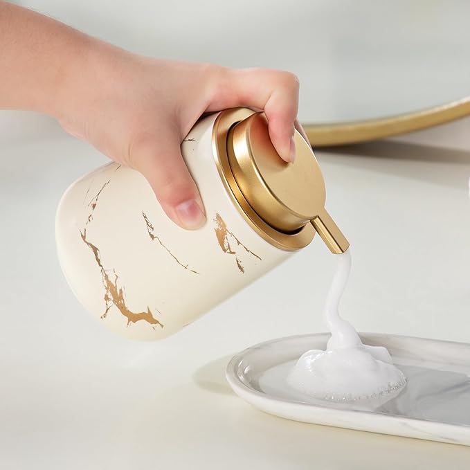 Enra Ceramic Foaming Soap Dispenser -12oz Modern Foam Gold Hand Soap Dispenser Bathroom, Refillable Dish Wash Soap Bottle for Kitchen with Large Pump(Glod Foam Type-Beige)