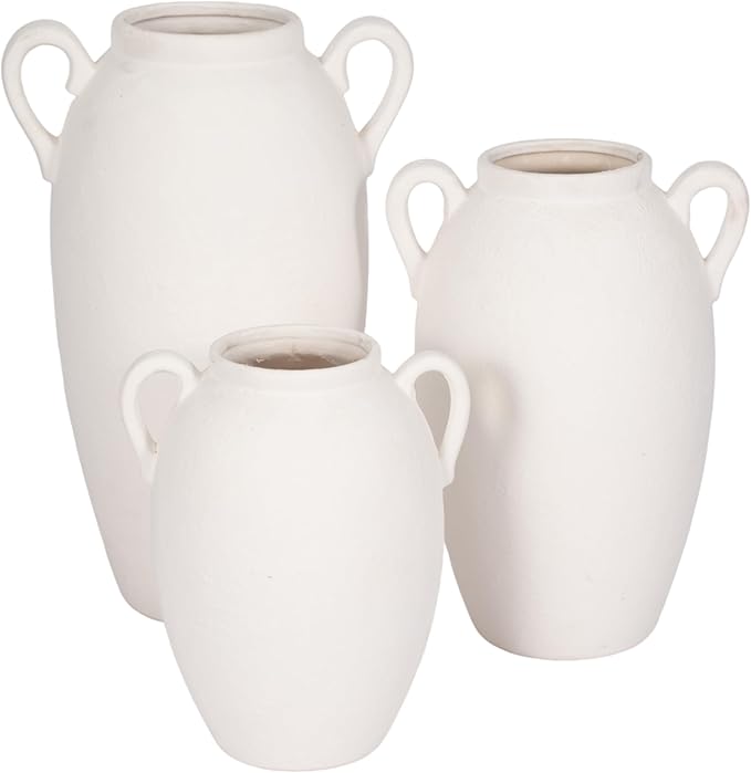 Sagebrook Home Stoneware Vase with Handles - Textured Decorative Pottery for Home & Office - Modern Rustic Accent for Living Room, Bedroom, or Table Centerpiece - 10" White