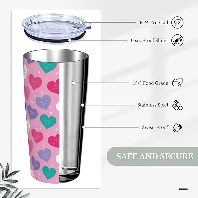 Valentine’s Day Tumbler,Heart 20oz Stainless Steel Insulated Travel Tumblers,Travel Coffee Mug with Lid and Straw Water Bottle Drink Tumbler Cups Gifts for Women Men Lovers
