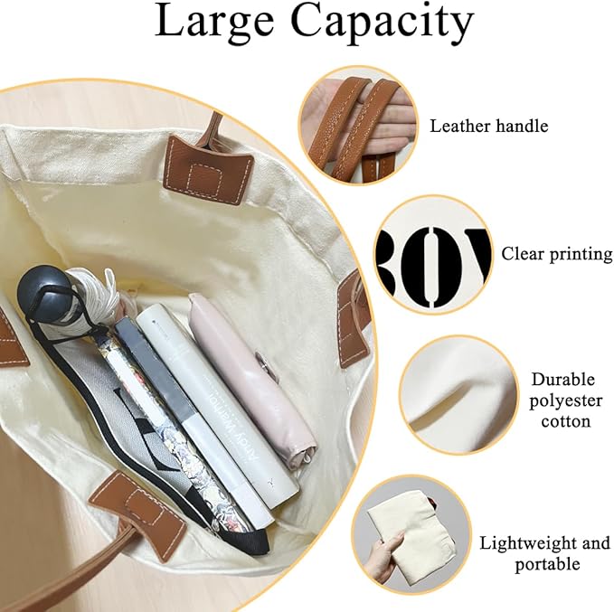 Canvas Tote Bag for Women, Birthday Gifts, Aesthetic Reusable Grocery Shopping Bags With Leather Handles