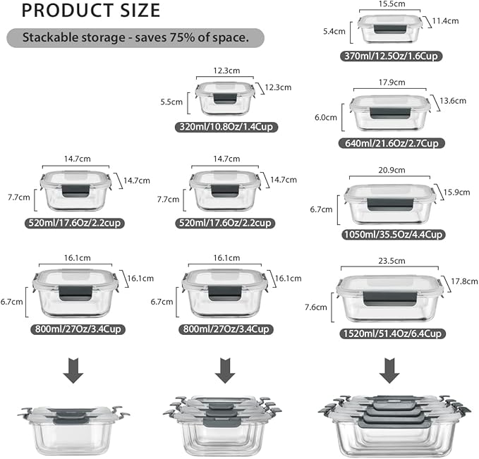 GENICOOK GC glass Food Storage Containers with Lids, Meal Prep Containers, Airtight Lunch Containers Bento Boxes with Snap Locking Lids for Microwave, Oven, Freezer and Dishwasher