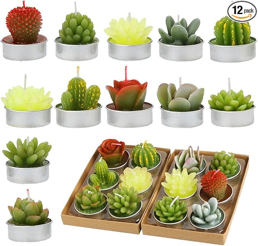 12pcs Cactus Tealight Candles Handmade Delicate Succulent Tea Lights Candle Perfect for Birthday Party Wedding Spa Home Decor Gifts (12pcs Cactus Candles)