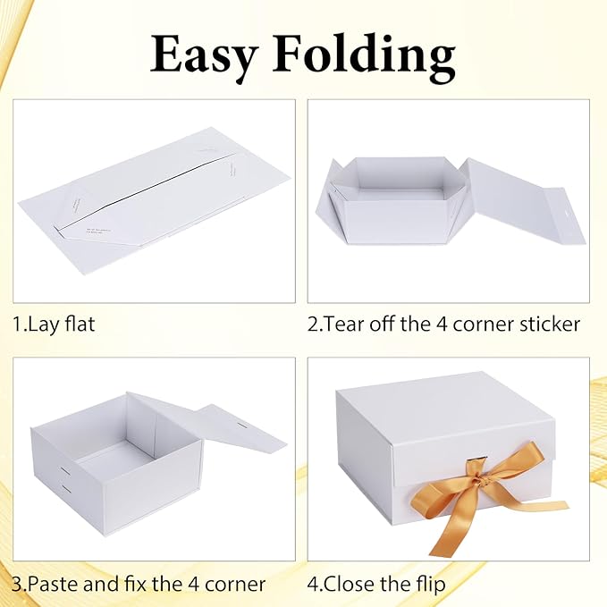 4 Pack 8x8x4 Inches White Gift Boxes with Ribbon, Magnetic Gift Box with Lid for Wedding, Groomsmen Bridesmaid Proposal, Birthdays, Mother's Day