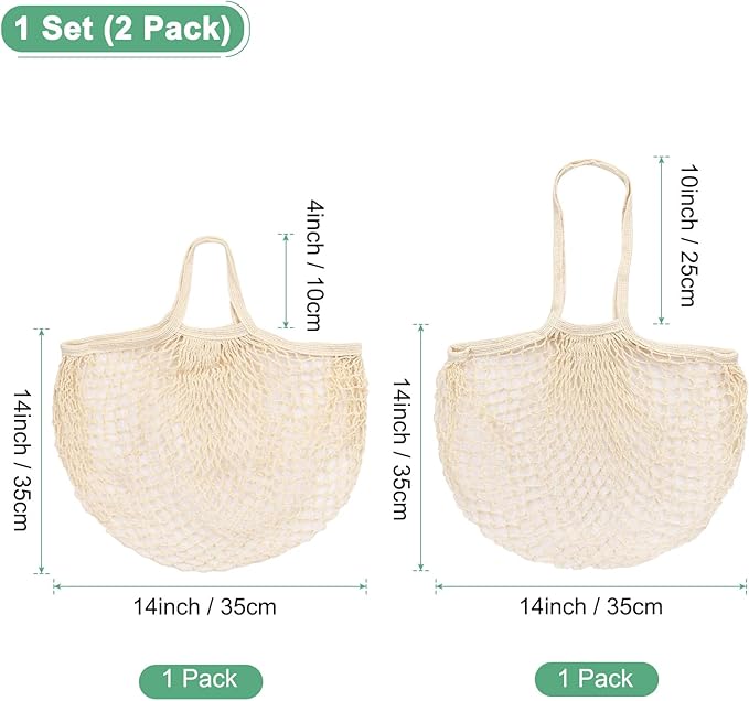 2-Pack Cotton Mesh Bag, Reusable Washable Mesh Net String Grocery Bags, Reusable Produce Bags with Handle, Net Tote Bag for Fruits/Vegetables Shopping [Cream, Long&Short Handle]