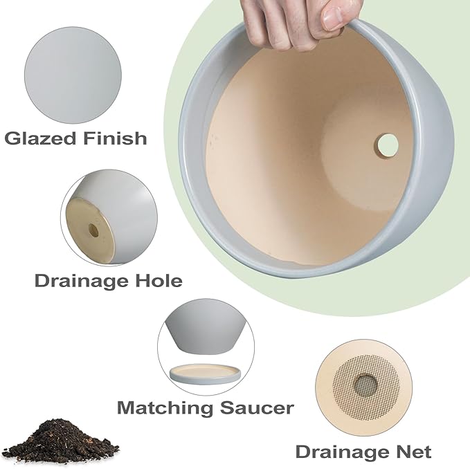 6.8 Inch Planter - Ceraimc Pots for Indoor Outdoor Plants Round Planters Modern Flower Pot with Drainage and Tray Home Garden Decor Gray