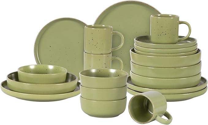 HomeVSS 20-Piece Dinnerware Set - Serves 4, Matte Green Glaze plates and bowls sets with Speckle Effect for Microwave & Dishwasher Safe