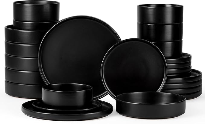 Onader 24 Piece Stoneware Dinnerware Sets with Pasta Bowls, Kitchen Dinner Dishes Set for 6, Plates and Bowls Dishware Dining Ware - Ebony Black