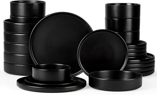 Onader 24 Piece Stoneware Dinnerware Sets with Pasta Bowls, Kitchen Dinner Dishes Set for 6, Plates and Bowls Dishware Dining Ware - Ebony Black