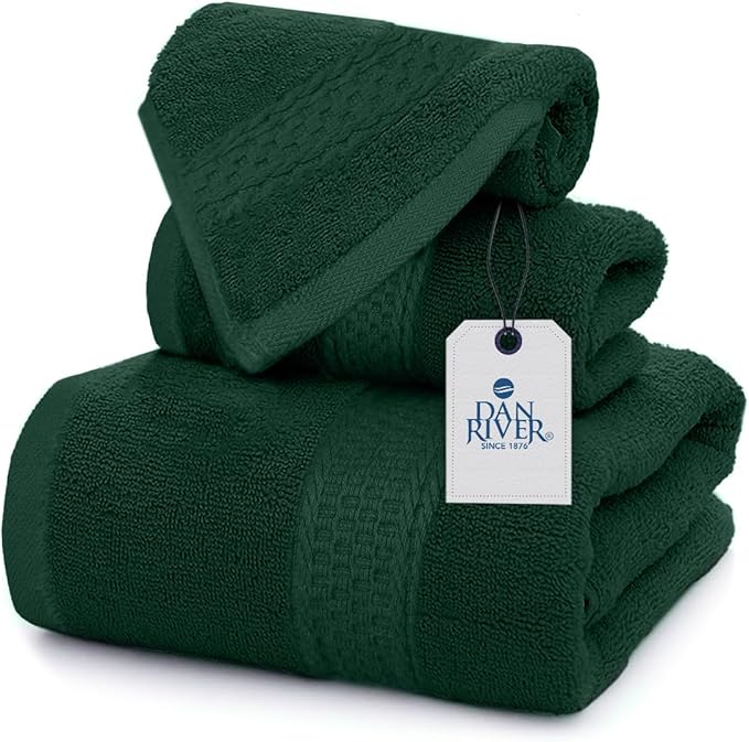 DAN RIVER 100% Ring Spun Cotton 3-Piece Towel Set, Hunter Green, Bath Towel, Hand Towel and Washcloths, 550 GSM - Soft, Absorbent Quick Dry Cotton Towels for Bathroom, Spa, and Gym