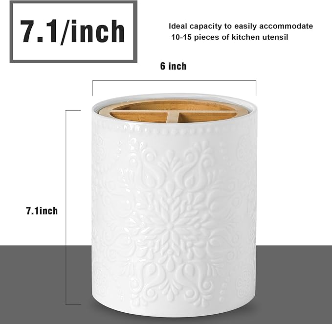 7" Relief Utensil Holder, Large Kitchen Utensil Holder Organizer , White Stable Utensil Crock Spatula Holder for Kitchen Counter Countertop Farmhouse Cooking Tools Holder with Bamboo Frame