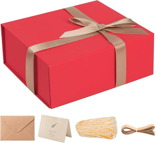 LIFELUM Christmas Gift Box 8 x 7 x 3 inch Red Gift Boxes for Presents with Ribbon Valentine's Bridesmaid Boxes Contains Card, Ribbon, Shredded Paper Filler for Packing