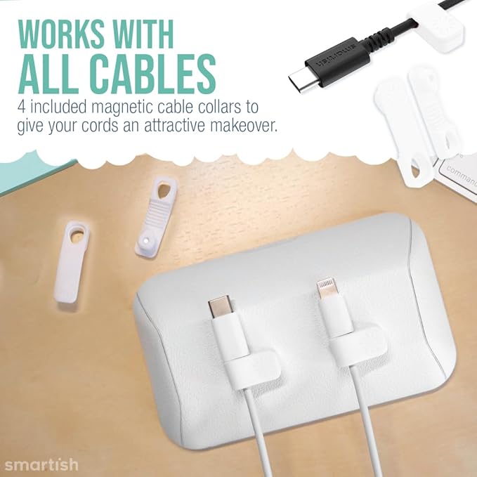 Smartish® Magnetic Cord Holder - Bigger Cable Wrangler Stocking Stuffer Organizer with Magnet Clips for Charger Management on Desktop, Nightstand - Holds 6+ Cables - Snow Day White