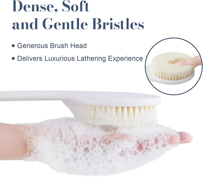 Back Scrubber for Shower, Shower Body Brush for Cleaning with Long Handle for Showering, 17 Inch Back Washer Exfoliator for Shower Men Women with Non-Slip Handle, Adhesive Hook (White)