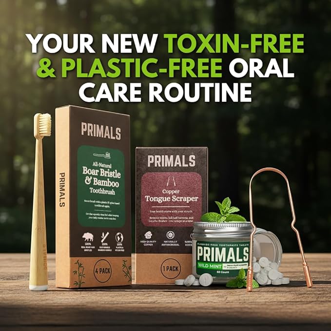 PRIMALS Boar Bristle & Bamboo Toothbrush (4-Pack) - Premium Boar Bristles - Fully Biodegradable - Plastic & Nylon Free - Quick Dry Design