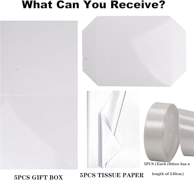 Jaywayang 5 Pack White Gift Boxes with Lids, Ribbons and Tissue Papers Square Gift Boxes - 7.1 Inch - Birthday, Wedding, Presents Wrapping, Mother's Day, Valentine's Day Decoration Party Favor Boxes.