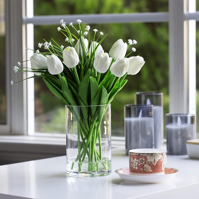 Enova Floral Clear Glass Cylinder Vase 4 x 6 Inches Round Flower Vase, Pillar Candle Hurricane Floating Candle Holder Vase, Small Floral Glass Vase for Decoration Home, Wedding Centerpiece (1 Piece)