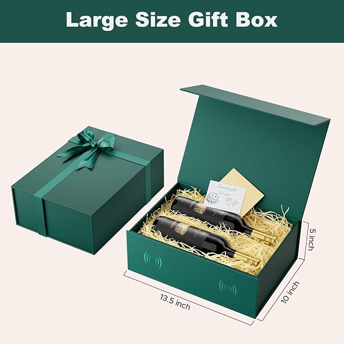 HongCai printing Large Gift Box with Lids Green: 5 Pack 13.5×10×5 Inches Packaging with Magnetic Lid - Holds Christmas Birthdays Holiday Gifts - Ideal for Couples Friends Family