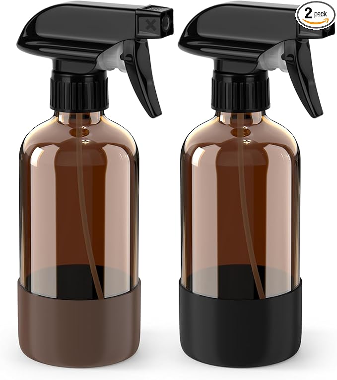 Glass Spray Bottle with Silicone Sleeve Protection, Amber Glass Spray Bottle Set for Window Cleaner Aromatherapy Facial Hydration Watering Flowers Hair Care 2 Pack/8 oz (Black & Brown)