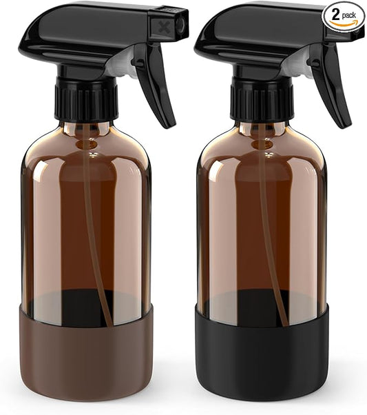 Glass Spray Bottle with Silicone Sleeve Protection, Amber Glass Spray Bottle Set for Window Cleaner Aromatherapy Facial Hydration Watering Flowers Hair Care 2 Pack/8 oz (Black & Brown)