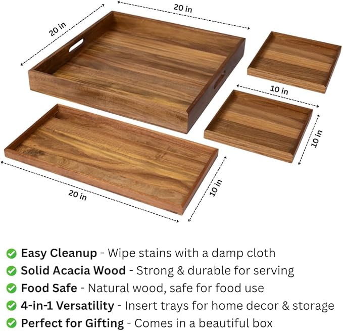 20 inch Large Square Ottoman Tray. Premium Acacia Wood Serving Tray for Living Room, Ottoman, Kitchen or as a Coffee Table Tray. Perfect Serving Tray for Breakfast in Bed, Appetizers or Parties