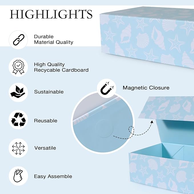 Blue Ocean Theme Gift Box with Magnetic Lids 13.8x8.3x4.4 in, Large Bridesmaid Proposal Boxes, Rectangle Wedding Decorative Storage Box 5 Pack