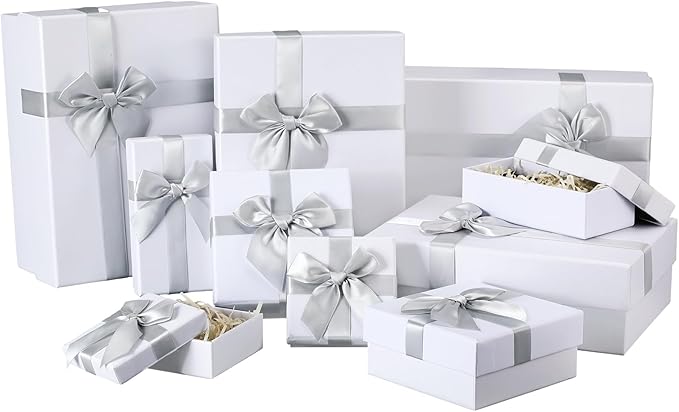 Tenceur 10 Pcs Gift Boxes with Lids Heavy Duty Nested Assorted Sizes Cardboard Gift Boxes for Presents with Ribbon for Xmas Holiday Present(White,5 Size)