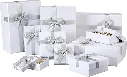Tenceur 10 Pcs Gift Boxes with Lids Heavy Duty Nested Assorted Sizes Cardboard Gift Boxes for Presents with Ribbon for Xmas Holiday Present(White,5 Size)