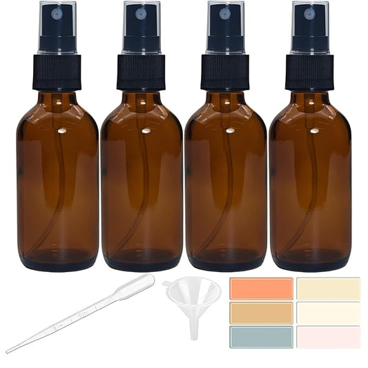 4 PACK 2 oz Amber Small Glass Spray Bottles, Empty Spray Bottle for Hair, Plants, Perfume - Fine Mist, 2oz Mini Spray Bottle
