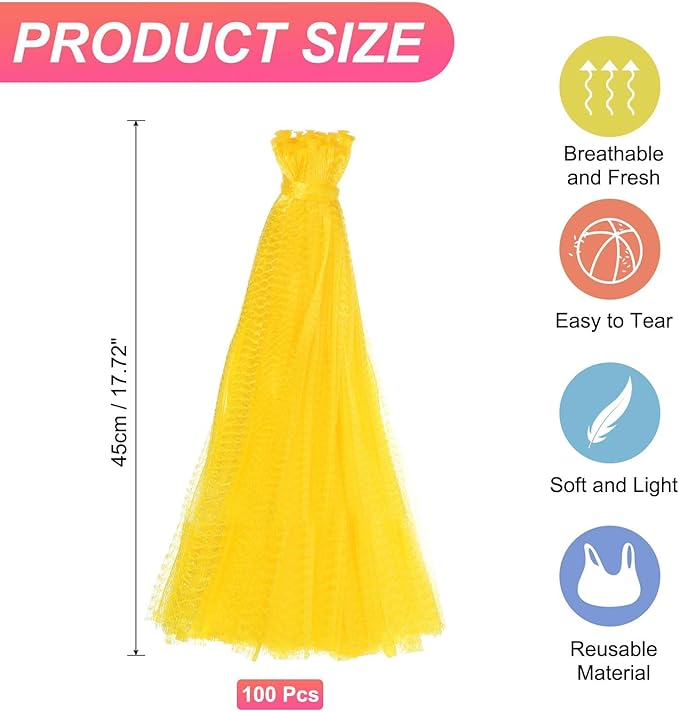 uxcell 100PCS Reusable Mesh Produce Bags, 17.7 Inches Egg Hatching Bags Washable Breathable Fruit Net Stretchable Mesh Netting Storage for Seafood Vegetable Onion Grocery Shopping, Yellow