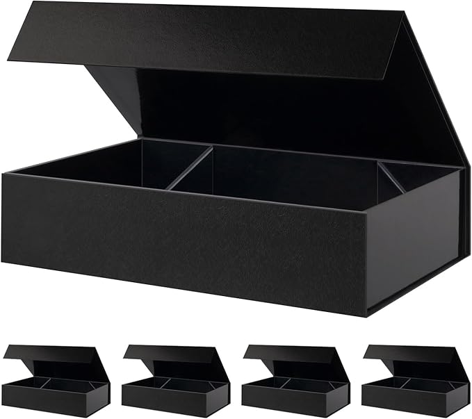 BLK&WH 5 Extra Large Gift Boxes 17x11x4 Inches, Black Gift Boxes with Magnetic Closure Lid, Sturdy Shirt Boxes, Rectangle Collapsible Boxes for Clothes (Glossy Black with Grass Texture)