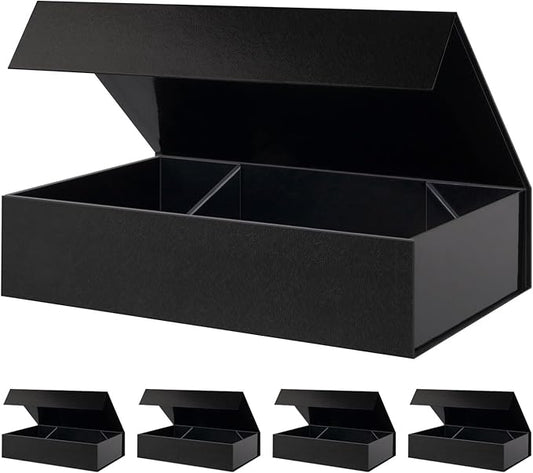 BLK&WH 5 Extra Large Gift Boxes 17x11x4 Inches, Black Gift Boxes with Magnetic Closure Lid, Sturdy Shirt Boxes, Rectangle Collapsible Boxes for Clothes (Glossy Black with Grass Texture)