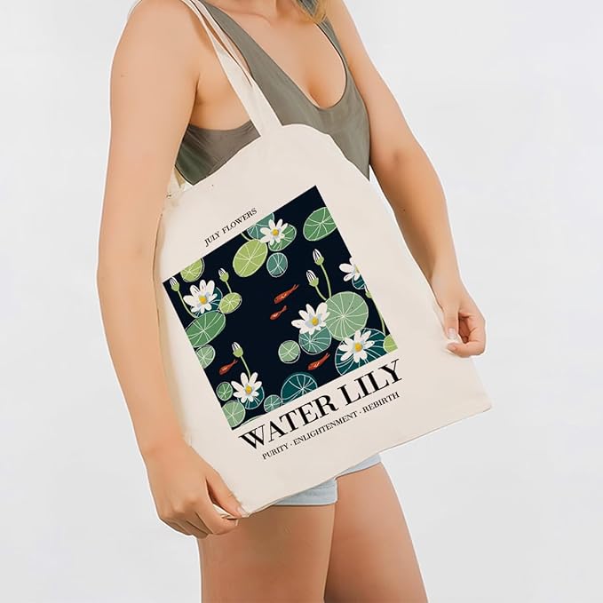 Flower Canvas Tote Bag, July Water Lily Reusable Shoulder Bags, Christmas Gifts to Sister and Friends, Holiday Gift Bags for Wrap Storage, Casual Canvas Totes for Work Traveling