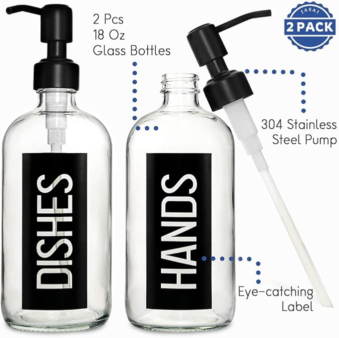 JASAI 2Pack 18OZ Glass Soap Dispenser, Black Stainless Steel Pump, Kitchen Dispenser with Classy Label, Refillable for Dishes