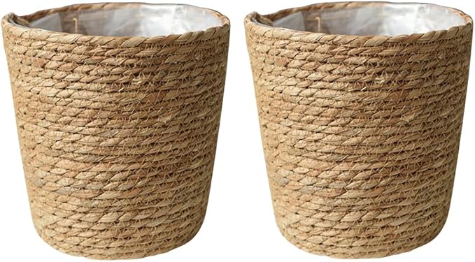 Veemoon 2Pcs Wicker Planter Basket, Rattan Grass Woven Flower Pot Seagrass Planter with Plastic Liner Farmhouse Storage Fruit Bowl Hyacinth Storage Baskets for Plant Flower Fruit Vegetable, 8.65inch H