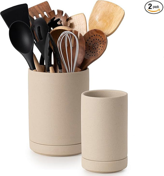 Utensil Holder, 7.3"+5.4" Ceramic 2-in-1 Utensil Holder Set for Countertop, Cooking Utensil Crocks for Kitchen Counter, Organizer for Spatulas & Spoons, Set of 2, Pottery Clay