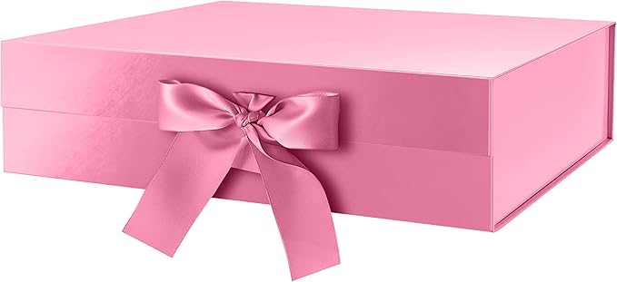 GREEN BEAN Large Gift Box with Lid for Presents 13x9.7x3.4 Inches, Pink Magnetic with Ribbon Luxury Gift Box, Bridesmaid Proposal Box (Glossy Pink)