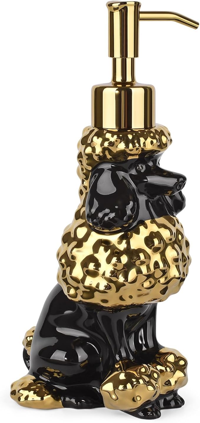 Poodle Shaped Soap/Lotion/Hand Sanitizer Ceramic Dog Lover Stainless Steel Pump Dispenser for Dog Mom Gifts, Refillable for Kitchen and Bathroom (Gold/Back)