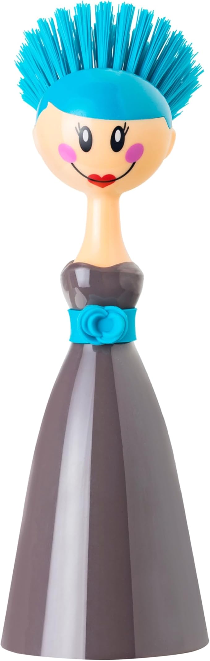 Vigar Dolls Dish Brush with Ergonomic Handle and Dress-Shaped Brush Holder, Dish Brush with Handle for Kitchen Dishes and Sink Cleaning, Gray, Blue