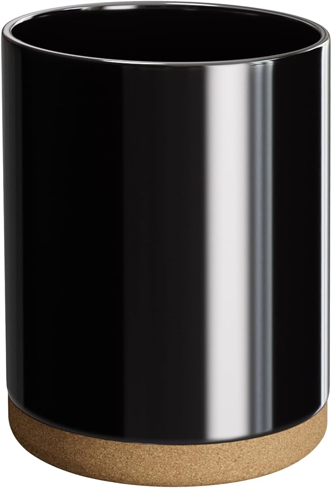 Ceramic Kitchen Utensil Holder for Countertop, Modern Crock with Non-Slip Cork Base, Counter Organizer for Cooking Tools 、Black