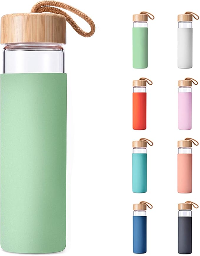 20 Oz Borosilicate Glass Water Bottles with Silicone Sleeve BPA Free, Dishwasher Safe - Reusable Clear Glass Drinking with Leak Proof Bamboo Lid | Perfect Gym Water Bottles for Men & Women