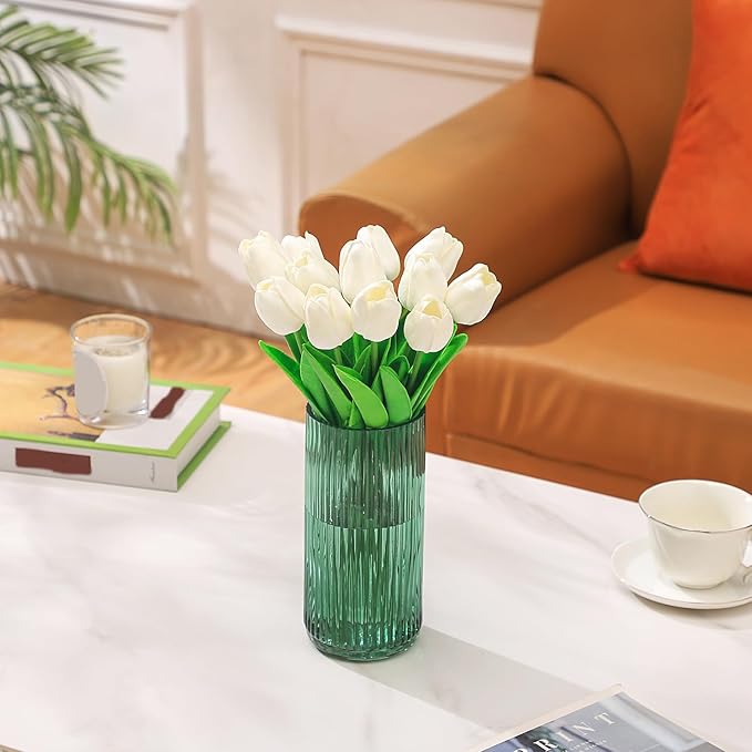 Ribbed Green Glass Vase - 8 Inch Modern Ribbed Vase for Flowers, Living Room, Bathroom, Dining Table, Office, Wedding, Centerpieces