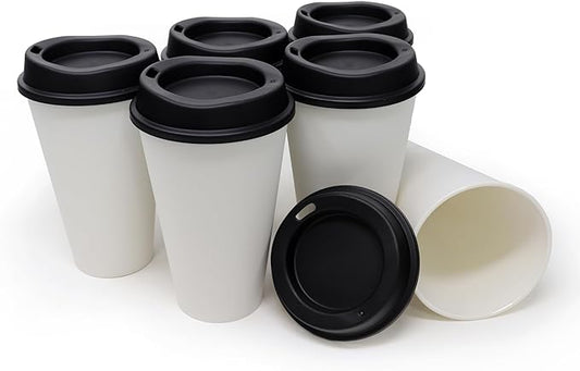 Rolling Sands USA Made 16 oz Reusable Coffee Cups with Lids 6 Pk, To Go Travel Cups, Hot or Cold Drinks, Dishwasher and Microwave Safe, White Cups, Black Lids