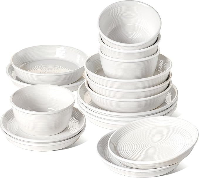 LE TAUCI Dishes Set with Pasta Bowls for 4, Stoneware Dinnerware Set, 10" Dinner & 8" Salad Plates, 6" Bowls, 8.5" Pasta (30 oz), Stackable, Microwave & Dishwasher Safe Ceramic, 16-Piece, White