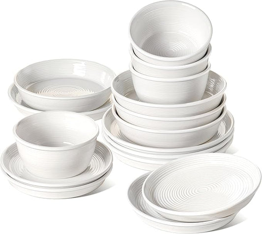 LE TAUCI Dishes Set with Pasta Bowls for 4, Stoneware Dinnerware Set, 10" Dinner & 8" Salad Plates, 6" Bowls, 8.5" Pasta (30 oz), Stackable, Microwave & Dishwasher Safe Ceramic, 16-Piece, White